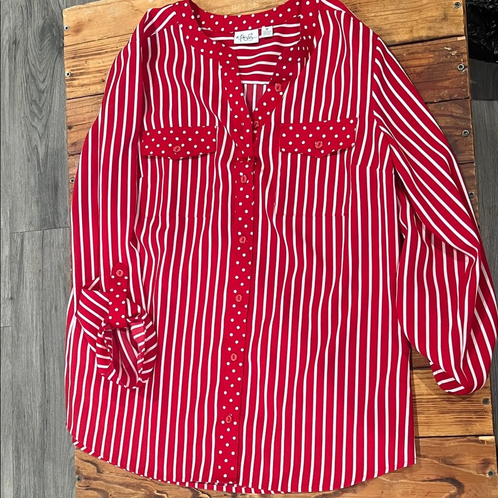 Kim Rogers Red and White Striped Button Down Shirt